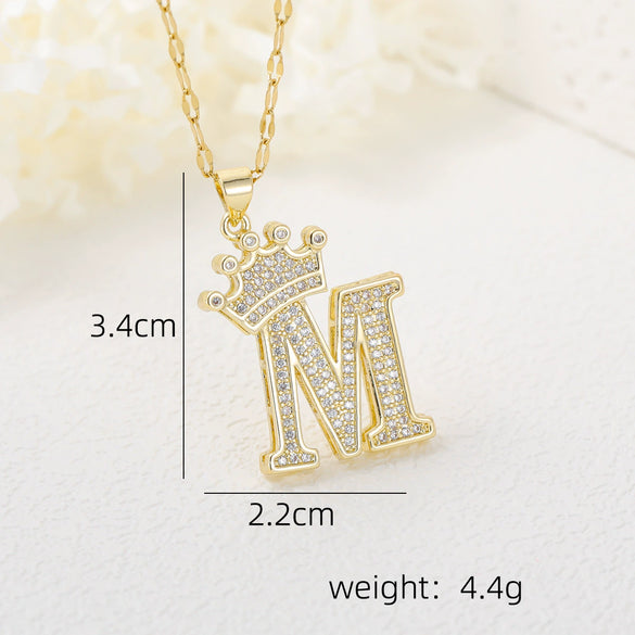 Wholesale Jewelry Copper Inlaid Zircon Letter Crown Hiphop Necklace