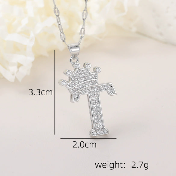 Wholesale Jewelry Copper Inlaid Zircon Letter Crown Hiphop Necklace