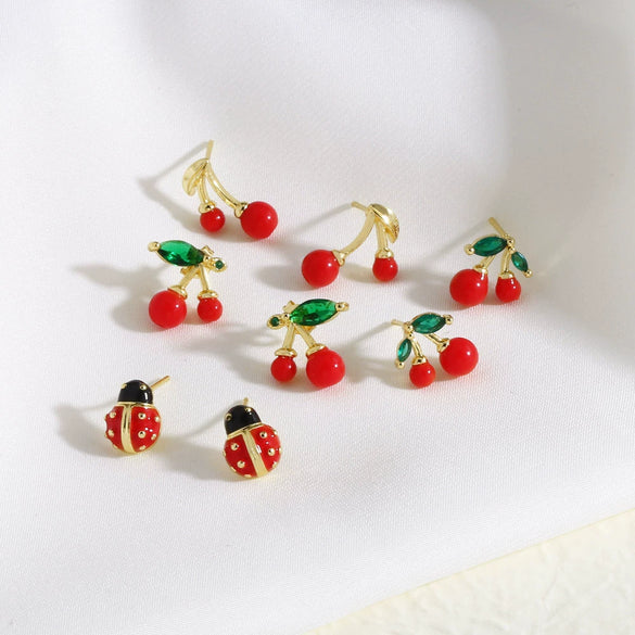 Wholesale Jewelry Copper 18K Gold Plated Fruit Cherry Inlaid Zircon Earrings