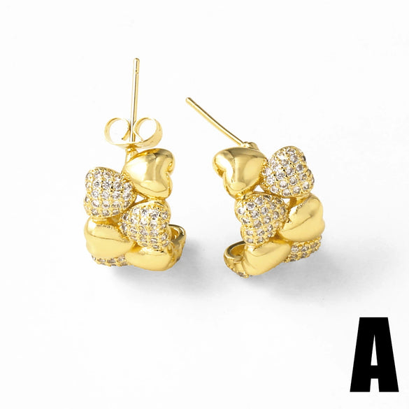 Wholesale Jewelry Copper 18K Gold Plated Heart Asymmetrical Zircon Earrings