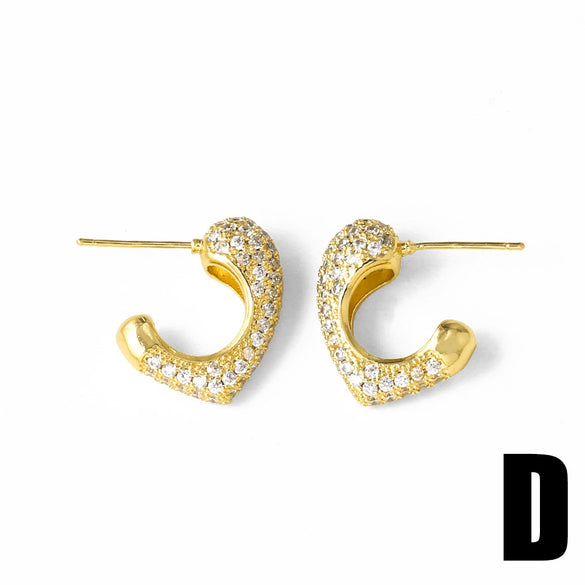 Wholesale Jewelry Copper 18K Gold Plated Heart Asymmetrical Zircon Earrings