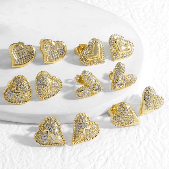 Wholesale Jewelry Copper 18K Gold Plated Heartshaped Full Zircon Earrings