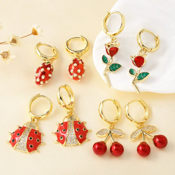 Wholesale Jewelry Copper 18K Gold Plated Insect Rose Cherry Geometric Fruit Earrings For Women
