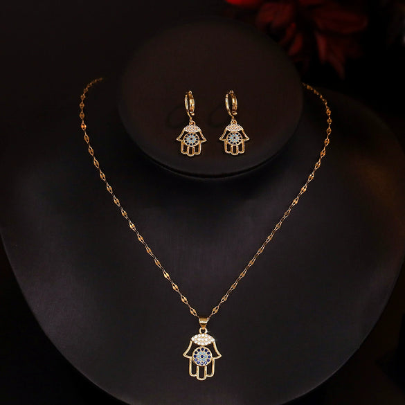 Wholesale Jewelry Copper 18K Gold Plated Zircon Inlaid Devil's Eye Pendant Necklace Earrings Set For Women