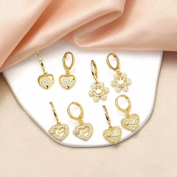 Wholesale Jewelry Copper Love Heart Pendant Earrings Gold Plated Sunflower Smiley Face With Zircon Electroplating For Women