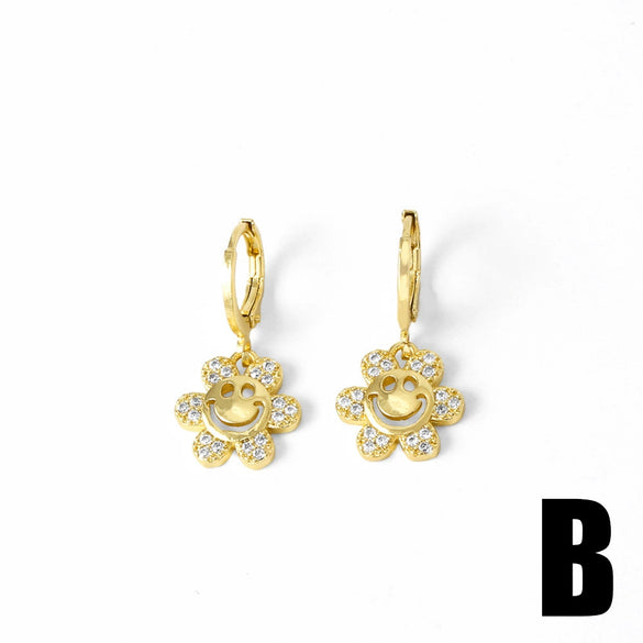 Wholesale Jewelry Copper Love Heart Pendant Earrings Gold Plated Sunflower Smiley Face With Zircon Electroplating For Women