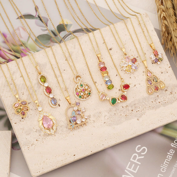Wholesale Jewelry Copper Micropaved Zircon Rainbow Heart Clavicle Chain With Fashion Leaf Pendant Electroplated