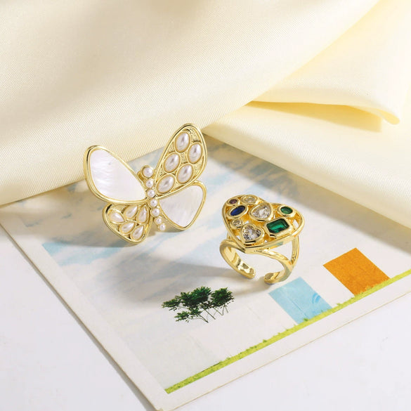 Wholesale Jewelry Copper Pearl Butterfly Heart Geometric Open Ring Electroplating Unisex Simple Animal Style