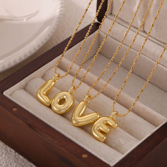 Wholesale Jewelry Copper Pendant 316L Stainless Steel Goldplated Necklace With Geometric And Letter Pattern And Rice Bead Chain