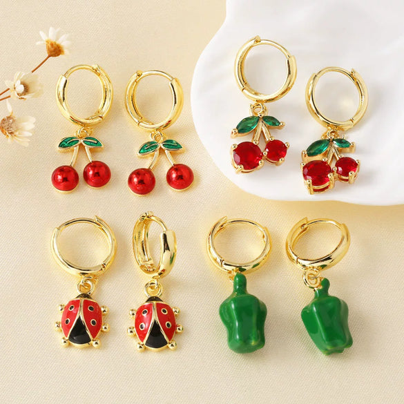 Wholesale Jewelry Copper Plated Gold Fruit Cherry Insect Pendant Earrings For Women With Electroplating