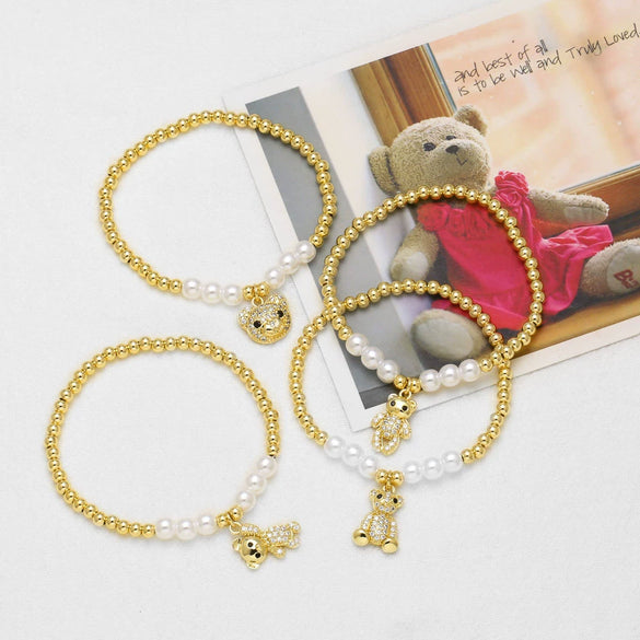 Wholesale Jewelry Copper Plated 18K Gold Animal Beaded Bear Pendant Bracelet Unisex Electroplating