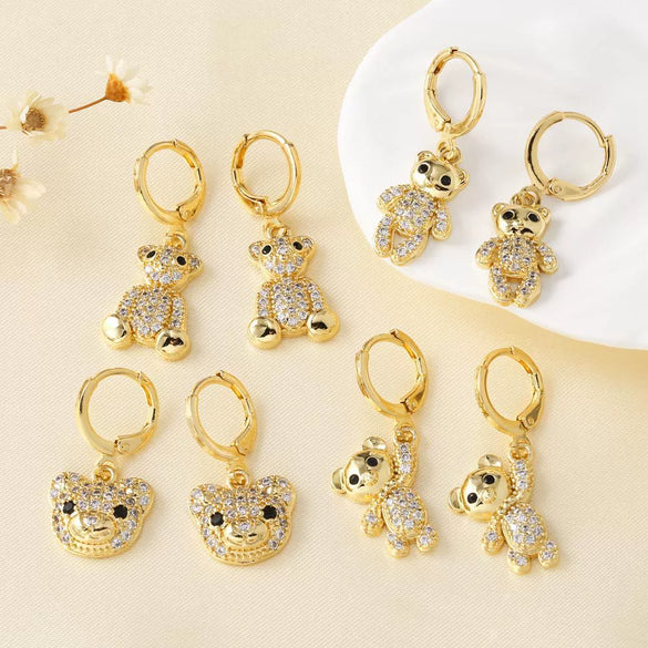 Wholesale Jewelry Copper Plated 18K Gold Animal Zodiac Bear Pendant Earrings For Women