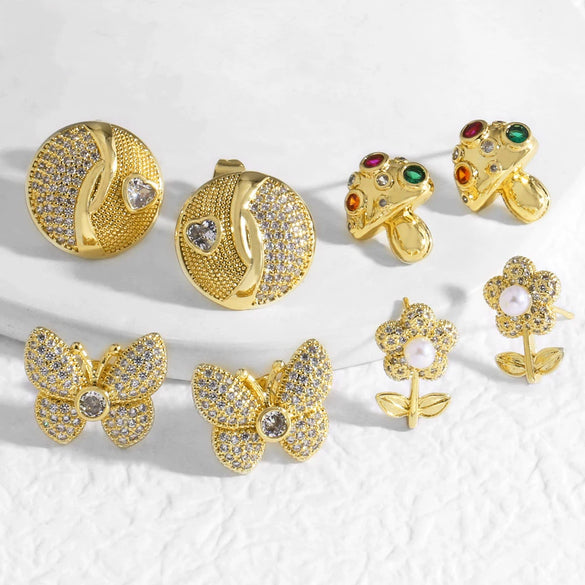 Wholesale Jewelry Copper Plated 18K Gold Butterfly Mushroom Flower Geometric Style Earrings