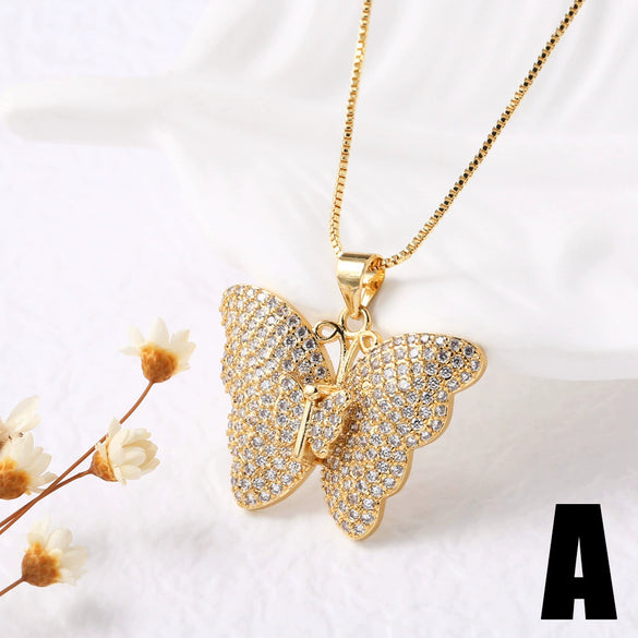 Wholesale Jewelry Copper Plated 18K Gold Butterfly Pendant Necklace Animal Style O Word Chain