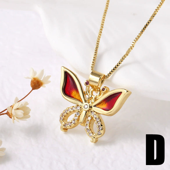Wholesale Jewelry Copper Plated 18K Gold Butterfly Pendant Necklace With Geometric Pattern And Box Chain