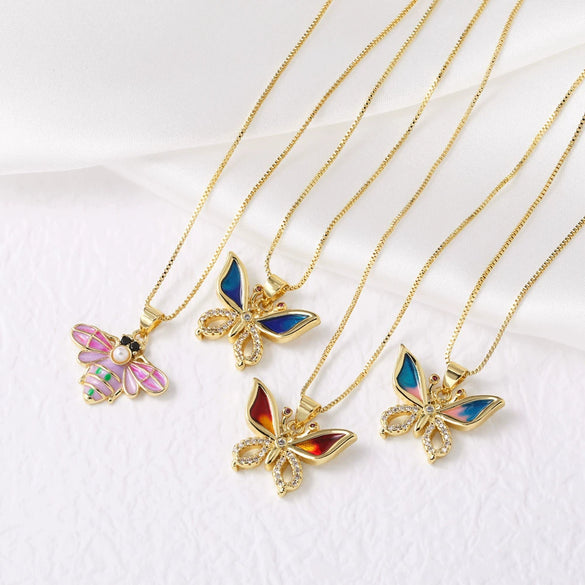 Wholesale Jewelry Copper Plated 18K Gold Butterfly Pendant Necklace With Geometric Pattern And Box Chain
