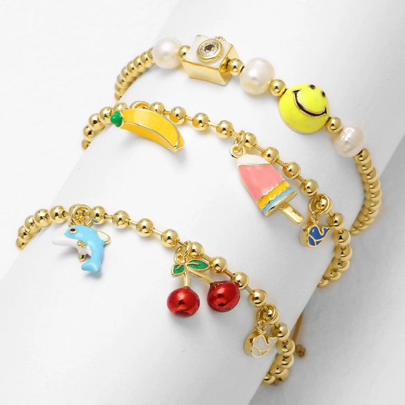 Wholesale Jewelry Copper Plated 18K Gold Fruit Cherry Dolphin Beaded Bracelet