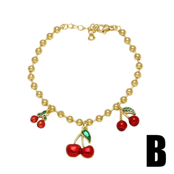 Wholesale Jewelry Copper Plated 18K Gold Fruit Cherry Pendant Bracelet