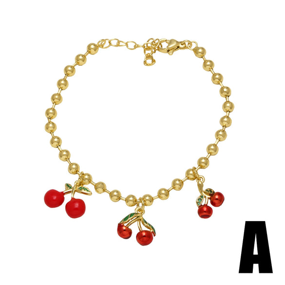 Wholesale Jewelry Copper Plated 18K Gold Fruit Cherry Pendant Bracelet