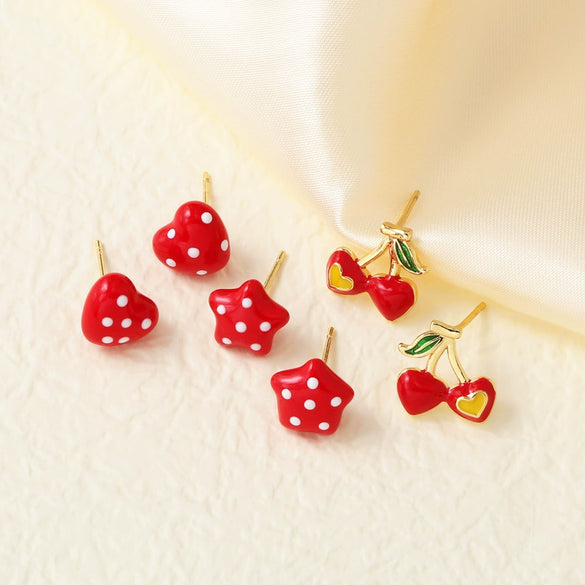 Wholesale Jewelry Copper Plated 18K Gold Fruit Cherry Star Earrings Electroplating
