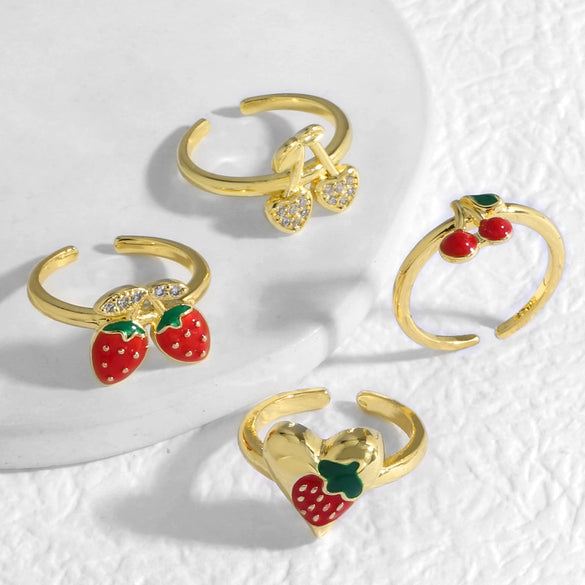 Wholesale Jewelry Copper Plated 18K Gold Fruit Strawberry Cherry Ring