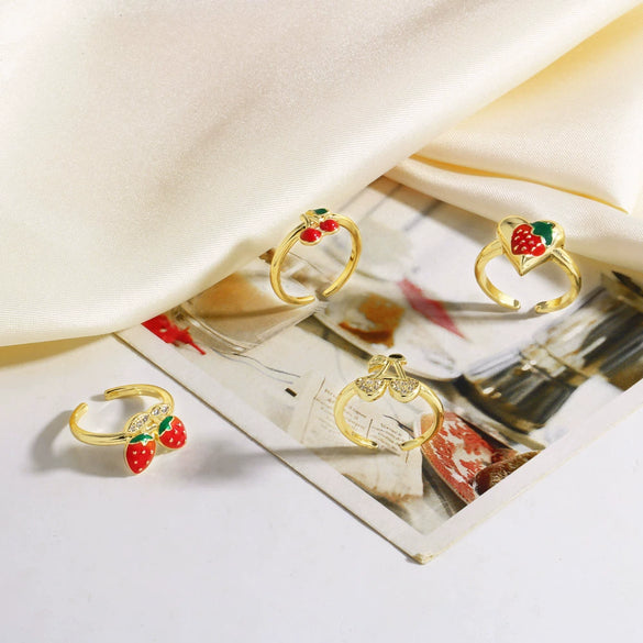 Wholesale Jewelry Copper Plated 18K Gold Fruit Strawberry Cherry Ring