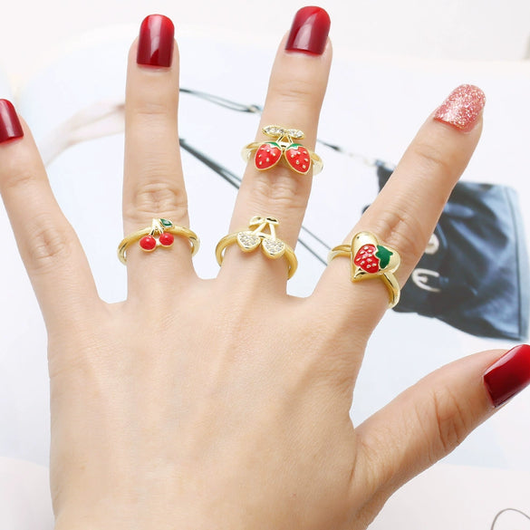 Wholesale Jewelry Copper Plated 18K Gold Fruit Strawberry Cherry Ring