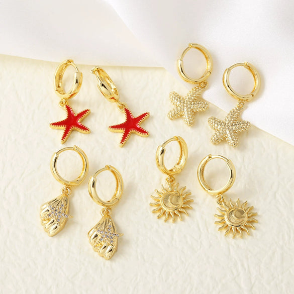Wholesale Jewelry Copper Plated 18K Gold Geometric Starfish Sun Pendant Earrings For Women