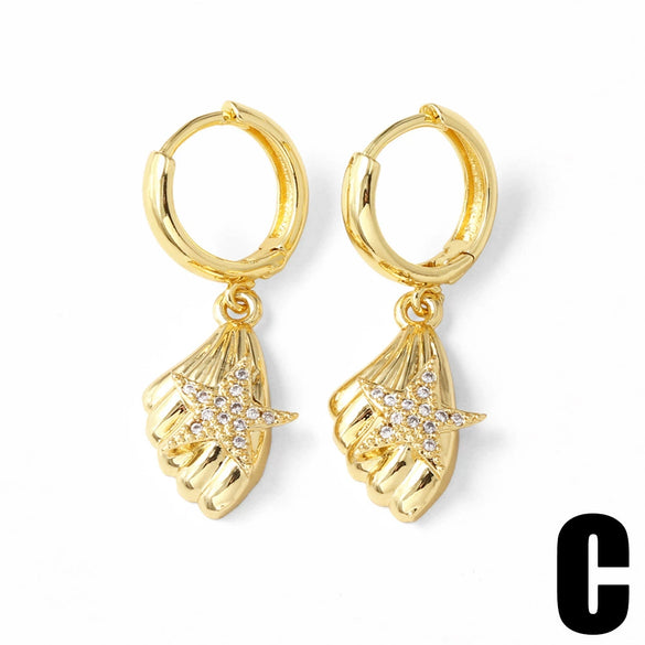 Wholesale Jewelry Copper Plated 18K Gold Geometric Starfish Sun Pendant Earrings For Women