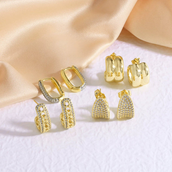 Wholesale Jewelry Copper Plated 18K Gold Geometric Ushaped Cshaped Full Zircon Earrings For Women