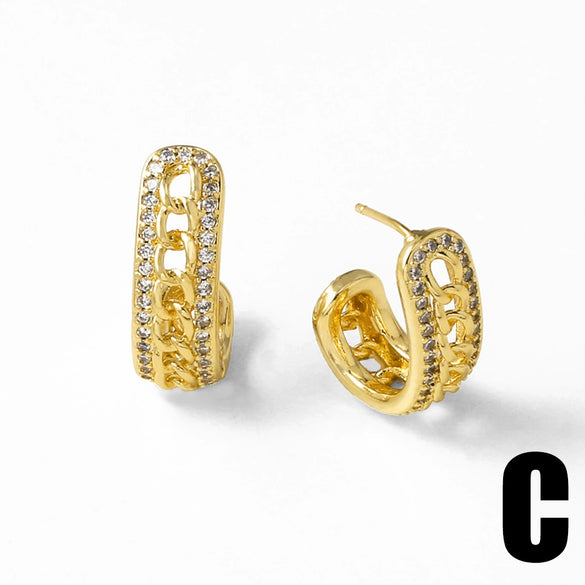 Wholesale Jewelry Copper Plated 18K Gold Geometric Ushaped Cshaped Full Zircon Earrings For Women