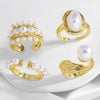 Wholesale Jewelry Copper Plated 18K Gold Inlaid Zircon Pearl Geometric Asymmetrical Open Ring For Women
