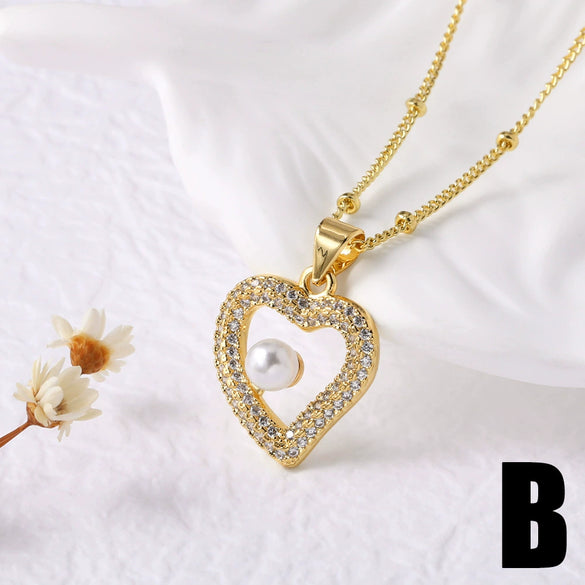 Wholesale Jewelry Copper Plated 18K Gold Pearl Heart Pendant Necklace O Chain