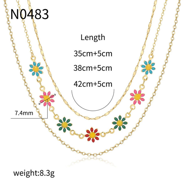 Wholesale Jewelry Copper Plated Real Gold Flower Pattern Electroplating Women's Stacked Threelayer Necklace