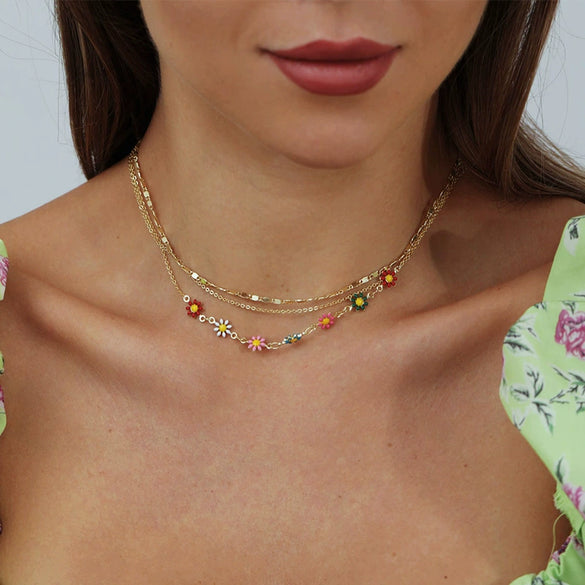 Wholesale Jewelry Copper Plated Real Gold Flower Pattern Electroplating Women's Stacked Threelayer Necklace