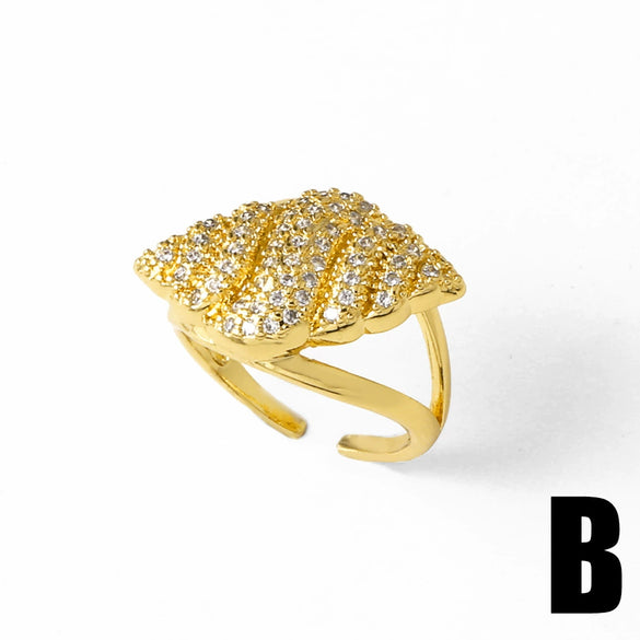 Wholesale Jewelry Copper Plated Real Gold Flower Shell Full Zircon Opening Ring Electroplating Unisex Simple Style