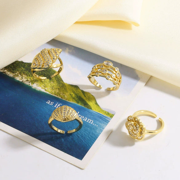 Wholesale Jewelry Copper Plated Real Gold Flower Shell Full Zircon Opening Ring Electroplating Unisex Simple Style