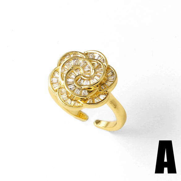 Wholesale Jewelry Copper Plated Real Gold Flower Shell Full Zircon Opening Ring Electroplating Unisex Simple Style