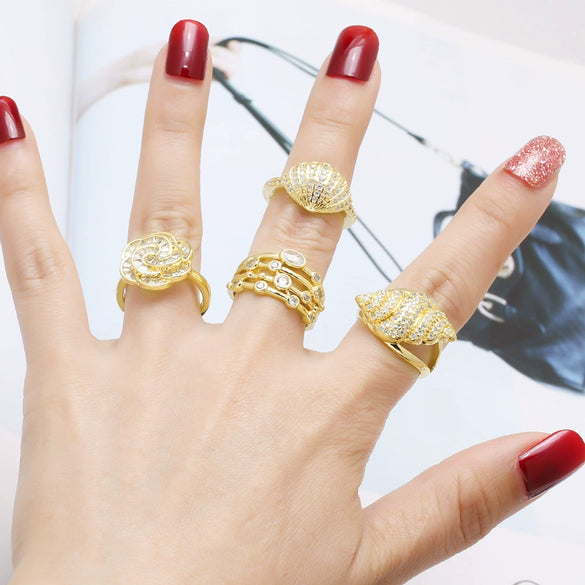 Wholesale Jewelry Copper Plated Real Gold Flower Shell Full Zircon Opening Ring Electroplating Unisex Simple Style
