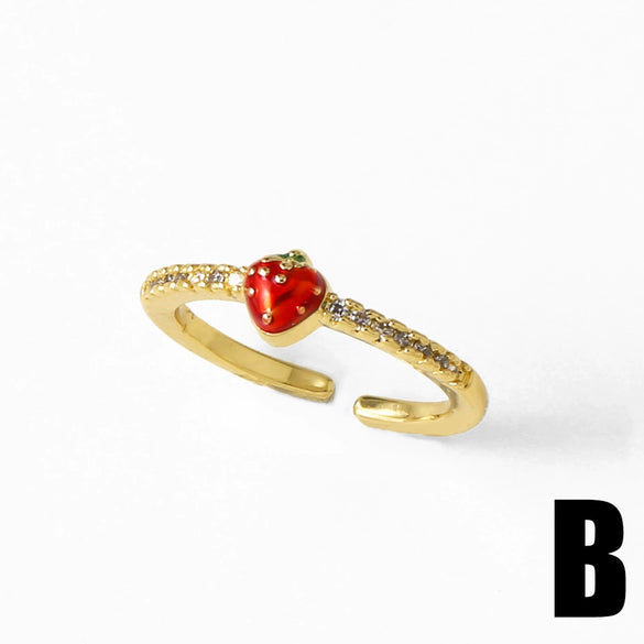 Wholesale Jewelry Copper Plated Real Gold Fruit Cherry Adjustable Ring Geometric Style