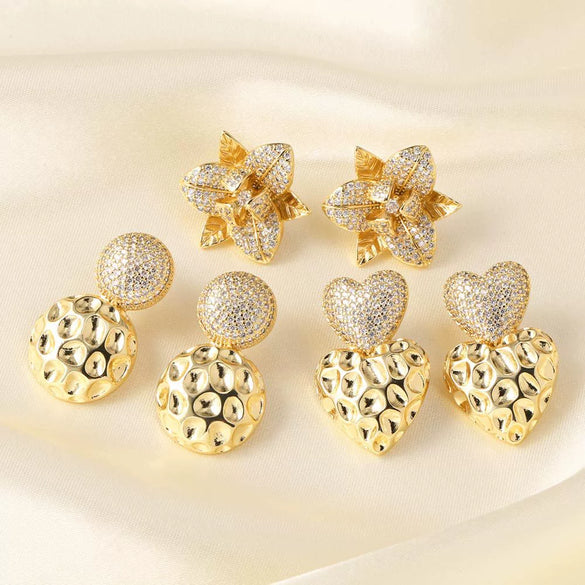 Wholesale Jewelry Copper Plated Real Gold Geometric Heartshaped Flower Earrings