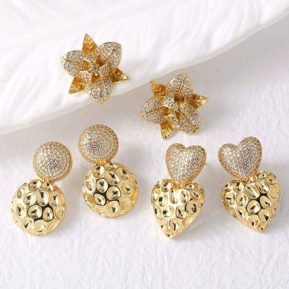Wholesale Jewelry Copper Plated Real Gold Geometric Heartshaped Flower Earrings