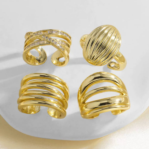 Wholesale Jewelry Copper Plated Real Gold Inlaid Zircon Geometric Doublelayer Open Ring