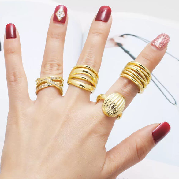 Wholesale Jewelry Copper Plated Real Gold Inlaid Zircon Geometric Doublelayer Open Ring