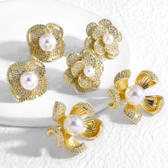 Wholesale Jewelry Copper Plated Real Gold Pearl Flower Inlaid Zircon Earrings