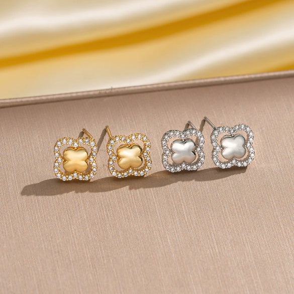 Wholesale Jewelry Copper Real Gold Plated Inlaid Zircon Women's Four Leaf Clover And Heart Shape Earrings