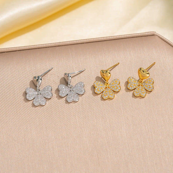 Wholesale Jewelry Copper Real Gold Plated Inlaid Zircon Women's Four Leaf Clover And Heart Shape Earrings