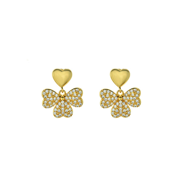 Wholesale Jewelry Copper Real Gold Plated Inlaid Zircon Women's Four Leaf Clover And Heart Shape Earrings