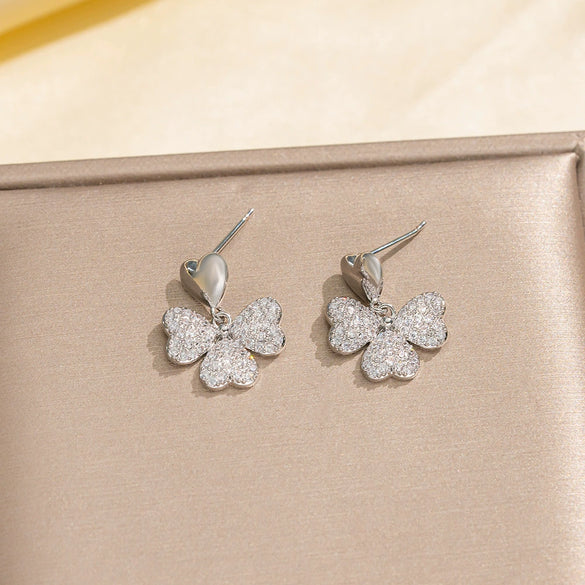 Wholesale Jewelry Copper Real Gold Plated Inlaid Zircon Women's Four Leaf Clover And Heart Shape Earrings