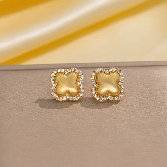 Wholesale Jewelry Copper Real Gold Plated Inlaid Zircon Women's Four Leaf Clover And Heart Shape Earrings